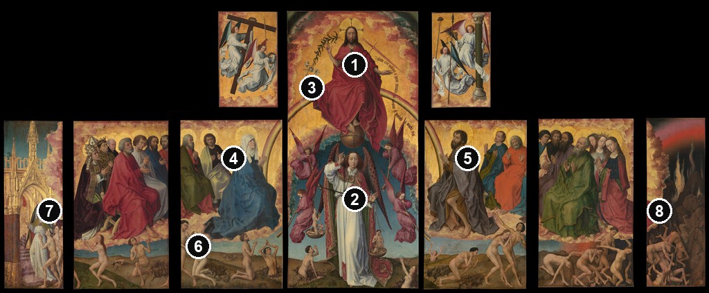 Annotated details from Beaune Altarpiece by Rogier van der Weyden